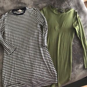 Green dress and grey and navy striped dress